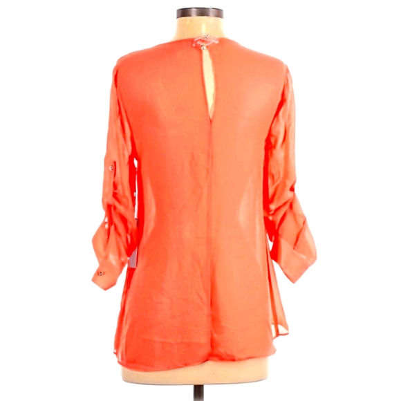 Jennifer Lopez, NWT, Hot Coral, Semi-Sheer, Ruffle Front Blouse, Size XS - Picture 12 of 13